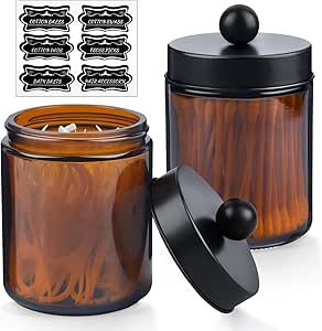 2 Pack Glass Apothecary Jars with Lids and Labels - Bathroom Counter Storage Jars, Qtip Holders Vanity Countertop Canisters (Amber) Amber Bathroom, Countertop Canisters, Bathroom Counter Storage, Apothecary Jars Bathroom, Bathroom Counter Organizer, Bathroom Vanity Organization, Customized Stickers, Counter Storage, Bathroom Jars