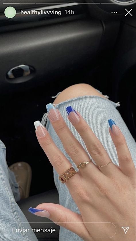 Blue And White Nails, Blue Coffin Nails, Blue Acrylic Nails, French Tip Acrylic Nails, Simple Acrylic Nails, Coffin Shape Nails, Short Acrylic Nails Designs, Acrylic Nails Coffin, Nail Art Ideas