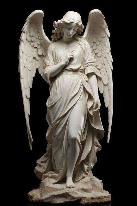 Angel Statue angel standing statue. AI generated Image by rawpixel. | premium image by rawpixel.com / Hein Angle Statue Sculpture, Greek Statues Reference, Marble Angel Statue, Statue For Drawing, Halo Reference Angel, Angel Looking Down, Angel Sculpture Statues, Male Angel Statue, Female Angel Statue