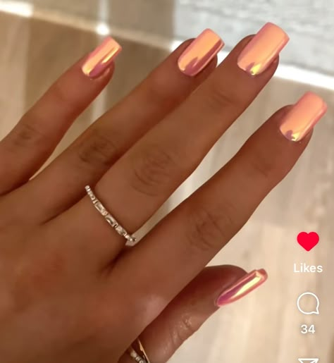 Peach Metallic Nails, Coral Metallic Nails, Sunset Chrome Nails, Pink And Rose Gold Nails, Coral Chrome Nails, Peach Chrome Nails, Coral Nail Polish, Color Durazno, Pink Nail Colors