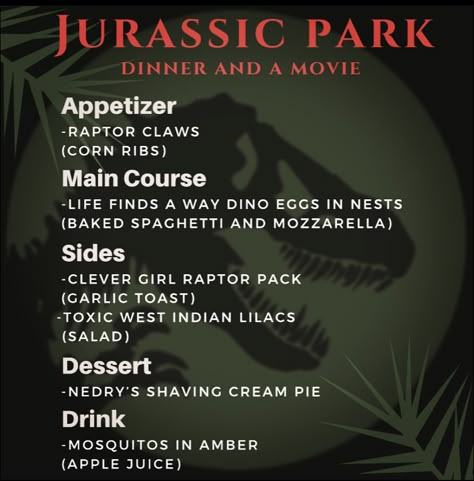 Jurassic Park Dinner And A Movie, Movie Themed Dinner Ideas For Couples, Jurassic Park Dinner, Disney Movie Themed Dinner, Themed Dinners Ideas, Family Movie Night Themes, Fiction Food, Movie Bingo, Theme Dinners