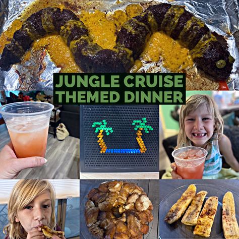 Monkey bread, jungle juice and snake burger for a themed dinner Jungle Cruise Party, Themed Dinner Ideas, Themed Dinners Ideas, Menus Ideas, Movie Night Food, Cruise Food, Orange Vodka, Disney Dinner, Disney Movie Night