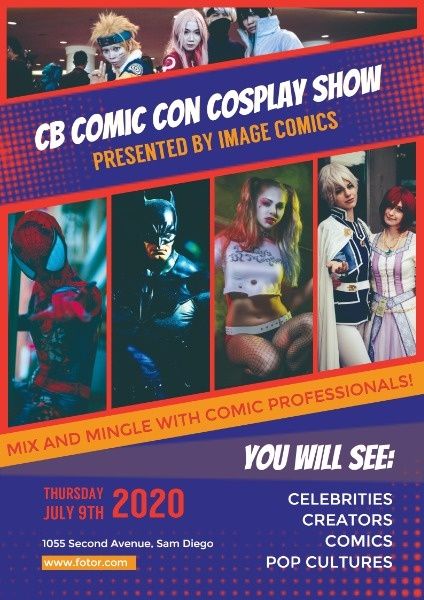 How to know more about cosplay anime? How to design the poster of cosplay show to find more patners? Get inspired by Comic Con Cosplay Show Poster Template | Fotor Design Maker. Click here. Try it now! Cosplay Event Poster, Cosplay Poster Design, Cosplay Templates, Yearbook Covers Design, Comic Cosplay, Comic Convention, Yearbook Covers, Social Media Branding Design, Media Branding