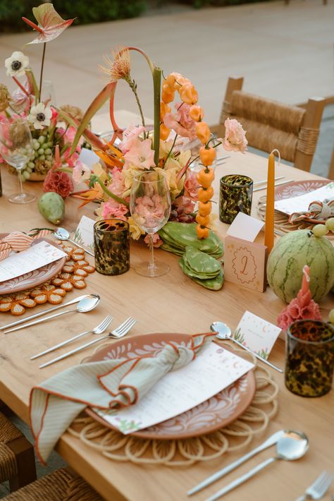 Tropical Ballroom Wedding, Tropical Inspired Wedding, Wedding With Orange Accents, My Wedding Aesthetic, Tropical Wedding Tablescape, Colorful Wedding Tablescape, Wedding Fruit Table, Cactus Wedding Centerpieces, Mexican Wedding Aesthetic