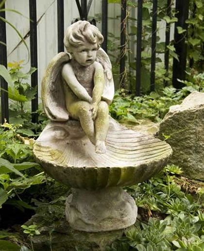 Meditating Bird Bath Outdoor Religious Garden Statue Statuary Made of Faux Concrete/Stone. Available in Ten Outdoor Friendly Finishes. View the Entire Collection of Religious Statues for the Garden at AllSculptures.com Outdoor Fountain, Garden Statues, Sea Shell, Organic Gardening, Bird Bath, Bird Houses, Bird Feeders, Old World, A Garden