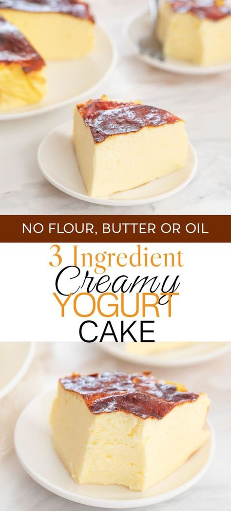 This soft and creamy yogurt cake doesn't require flour, butter or oil. It is just 3 ingredients and is a low calorie and low sugar dessert. Low Sugar Desserts, Creamy Yogurt, Sugar Free Recipes Desserts, Yoghurt Cake, Yogurt Cake, Low Calorie Desserts, Gf Desserts, Yogurt Recipes, Healthy Cake