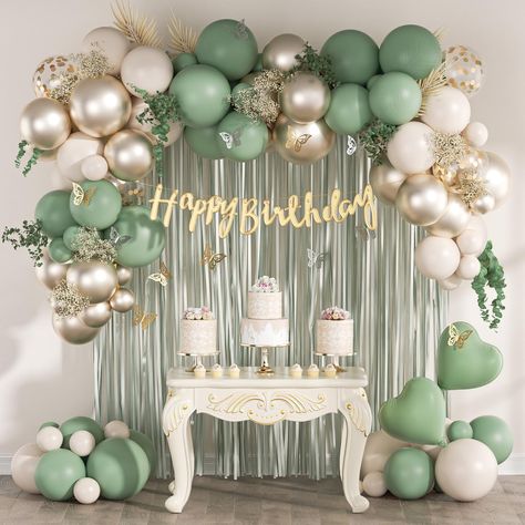 Green And White Birthday Party Ideas, Birthday/retirement Party, 27th Birthday Ideas For Women Decoration, 18th Birthday Party Color Schemes, Green And Silver Birthday Decorations, Enchanted Birthday Party Ideas, Sage First Birthday, Green Gold Decorations Party, Pastel Green Birthday Party Decorations