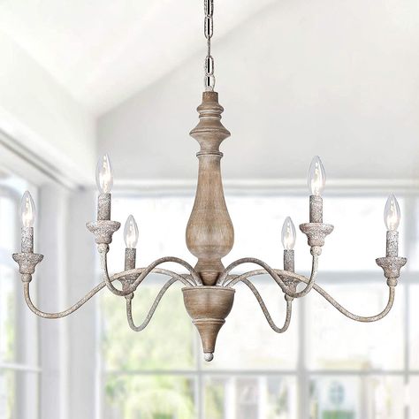 T&A 6 Light French Country Chandelier, Rust Arms Imitation Wood Finish Farmhouse Chandelier for Dining Room Kitchen Living Room French Country Chandelier, Country Chandelier, Farmhouse Chandelier, Wood Chandelier, White Chandelier, Traditional Chandelier, Dining Room Chandelier, Candelabra Bulbs, Affordable Luxury