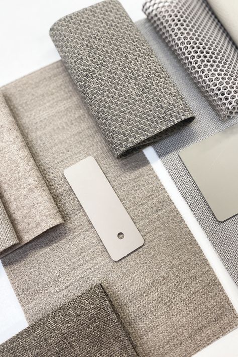 They are colours that don't need to steal the show but they have longevity because they are versatile. Soft and simple tones of grey, cream and beige provides a steady and sophisticated atmosphere that makes a space feel open and welcoming. ⁠ Taupe Mood Board Color Palettes, Greige Mood Board, Grey And Beige Mood Board, Beige Material Board, Sofa Gris, Nuetral Fabric Swatches, Elevator Lobby Design, Cat Wall Shelves, Retail Interior Design