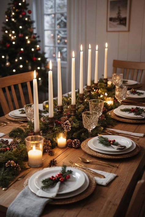 Master the art of intimate holiday dining with our candlelight styling guide! From selecting the right candle heights to creating the perfect glow, we'll show you how to set a magical mood that will make your Christmas dinner unforgettable. Safety tips included! #CandlelightDinner #CozyChristmas #HolidayMood Candlelight Christmas Dinner, Cozy Christmas Table Decor, Christmas Outdoor Party Ideas, Holiday Dinner Decor, Christmas Dining Tables, Christmas Dinner Set Up, Outdoor Christmas Dinner, Aesthetic Christmas Table, Christmas Dinner Friends