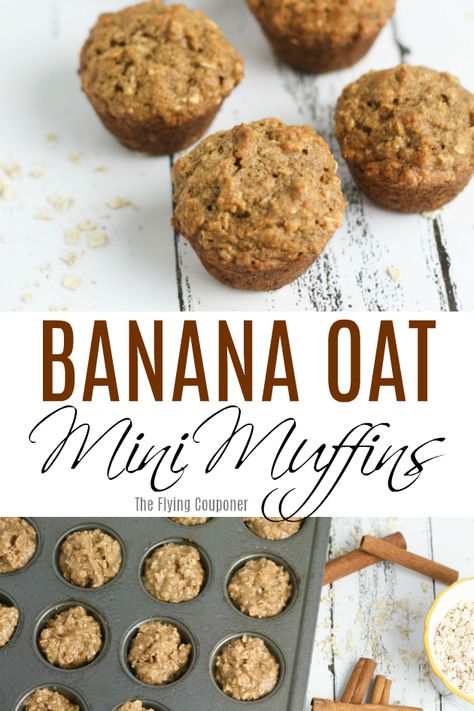 Banana Oat Mini Muffins. This is the best oatmeal banana muffin recipe I have ever made! They are so moist and easy to make! Healthy breakfast ideas and recipes. The Flying Couponer #muffin #healthybreakfast #bananamuffins #healthyrecipe #minimuffins Banana Mini Muffins Healthy, Banana Oat Mini Muffins, Mini Oat Muffins, Toddler Banana Oatmeal Muffins, Mini Banana Oatmeal Muffins, Mini Banana Muffins Toddler, Blw Mini Muffins, Banana Oat Muffins For Baby, Mini Banana Muffins Healthy