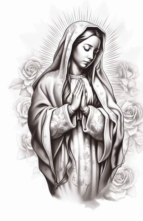 Praying Virgin Mary Tattoo Design, Virgin Mary Tattoo Design Drawing, Virgin Maria Tattoo, Mama Mary Tattoo Design, Maria Tattoo Design, Virgin Mary Tattoo Stencil, Chicano Tattoo Stencil, Virgin Mary Tattoo Design, Virgin Mary Drawing