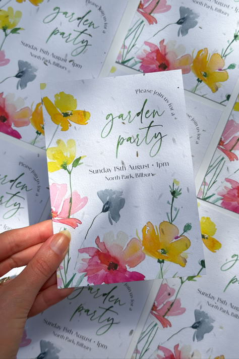 garden party invite on seed paper, featuring a floral border Wedding Invitations Garden Party, Wedding Invite Aesthetic, Aesthetic Wedding Invitations, Garden Party Wedding Invitations, Wedding Diy Ideas, Design Seed, Garden Party Invitations, Seeded Paper, 21 Diner