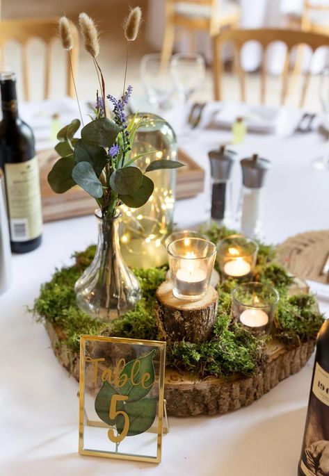 Enchanting Wedding Centerpieces, Woodland Wedding Centrepiece, Cedar Branch Wedding Decor, Moss And Wood Table Decor, Fairytale Wedding Centerpieces Diy, Log Centrepiece Wedding, Fairy Light Centrepiece, Simple Woodland Wedding, Hobbit Wedding Aesthetic