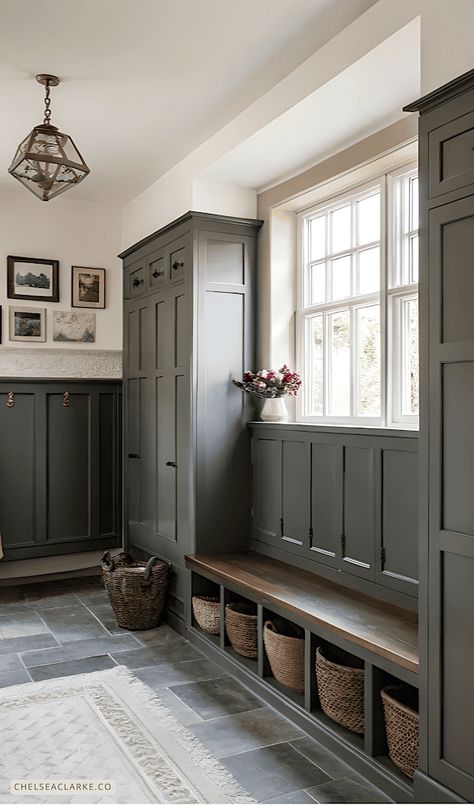 22 Pretty Farmhouse Mudroom Ideas (That Still Hide The Mess) Painted Mudroom Cabinets, Green Cabinets Mudroom, Mud Room Cabinets Ideas, Entryway Cabinetry, Modern Spanish Farmhouse, Mudroom Cabinet, Spanish Farmhouse, Small Mudroom Ideas, Farmhouse Mudroom