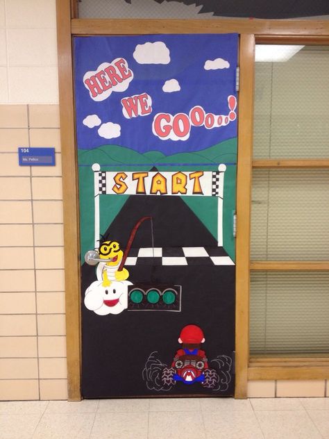 Mario Kart Classroom Door Videogame Classroom Theme, Mario Kart Classroom, Super Mario Classroom, Mario Decorations, Mario Classroom, Mario Room, Ap Psychology, School Nursing, Teacher Survival