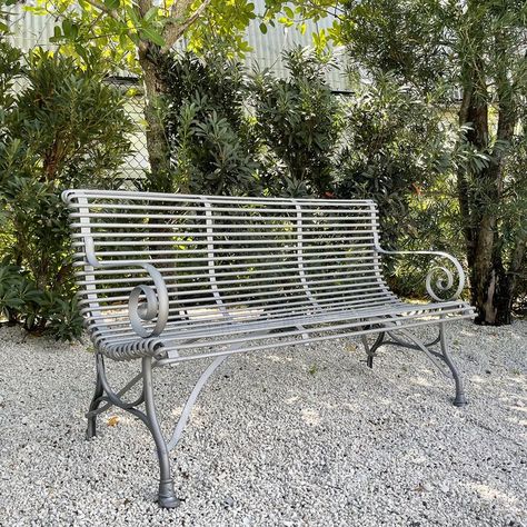 A galvanized metal garden bench with scrolled armrests. Available is two or three seat options. This outdoor collection of wrought iron French garden furniture is designed after the originals from the 19th/20th century. This charming “fin de siecle” bench is still often seen throughout France, due to the comfortable style created by Arras and Grassin. Outside Benches, French Bench, Metal Garden Benches, Swedish Cottage, Metal Bench, Garden Park, French Garden, Galvanized Metal, Wood Bench