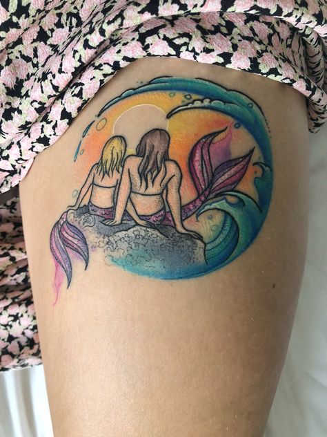 Mermaid Sunset Tattoo, Mermaid Best Friend Tattoos, Sister Mermaid Tattoos, Mermaid Sisters Tattoo, Sunset Tattoo, Pug Tattoo, Sister Tattoo Designs, Mermaid Tattoo Designs, Sisters Tattoo