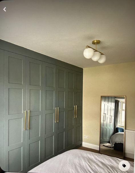 Green Fitted Wardrobes Bedroom, Bedroom Green Wardrobe, Sage Wardrobe Doors, Green Wardrobe Design Bedroom, Sage Green Fitted Wardrobes, Olive Green Cupboards Bedroom, Sage Built In Cabinets, Sage Green Wardrobe Doors, Sage Green Built In Wardrobe