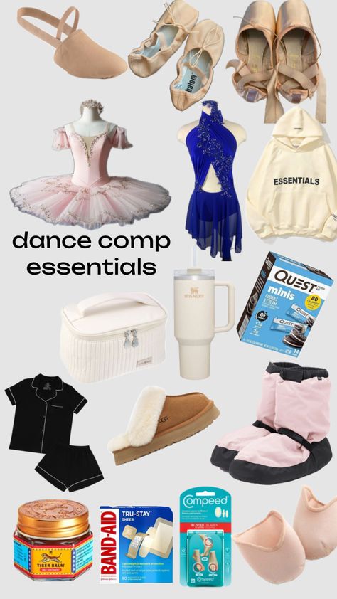 dance comp essentials (ballet/pointe and regular comp-lyrical, jazz, contemporary, etc) #dance #comp #dancecomp #ballet #pointe Sports Bag Essentials, Competition Outfit, Dance Comp, Dancer Lifestyle, Ballet Pointe, Ballet Technique, Tiger Balm, Ballet Clothes, Dance Bag