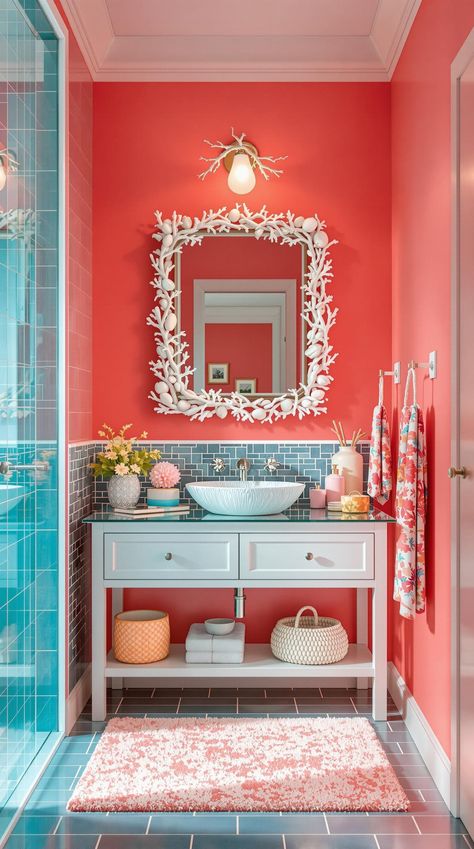 Coastal Bathroom Ideas Coral Walls Bathroom, Coral And Blue Bathroom, Coral Bathroom Walls, Coral Bathroom Ideas, Tropical Bathroom Ideas, Beach House Bathroom Ideas, Coral Bathroom Decor, Coastal Bathroom Ideas, Coral Bathroom