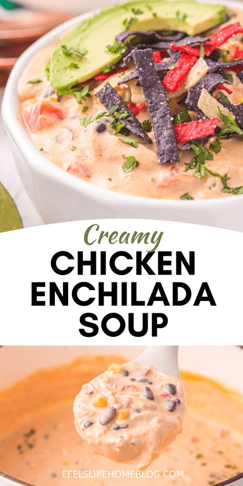 Cheesy Chicken Soup Velveeta, Enchiladas Soup Recipe, White Enchilada Soup, White Chicken Enchilada Soup, Creamy Enchilada Soup, Enchilada Soup Crockpot, Cheesy Chicken Enchilada Soup, Creamy Chicken Enchilada Soup, Chicken Pasta Soup