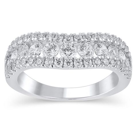 Celebrate your love with a dazzling diamond anniversary ring. This contemporary contour band features three ros of sparkling brilliant-cut lab grown diamonds, all set in 14-karat white gold.