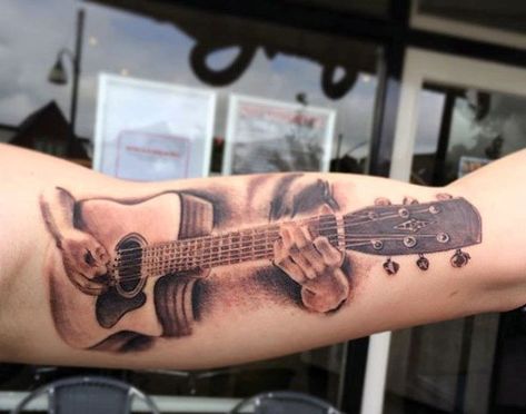 65 Guitar Tattoos For Men - Acoustic And Electric Designs Music Guitar Tattoo, Guitar Tattoos, Dad Memorial Tattoo, Acoustic Guitar Tattoo, Tattoos For Dad Memorial, Guitar Tattoo Design, Mary Tattoo, Guitar Tattoo, Music Tattoo Designs