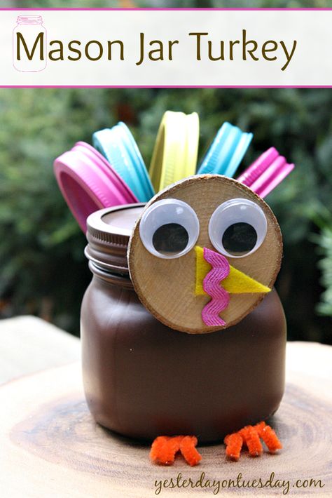 Create a darling turkey craft for Thanksgiving from a Mason Jar and canning lids Thanksgiving Mason Jar, Mason Jar Lid, Turkey Crafts, Turkey Craft, Thanksgiving Crafts For Kids, Baby Food Jars, Thanksgiving Diy, Mason Jar Lids, Crochet Bebe