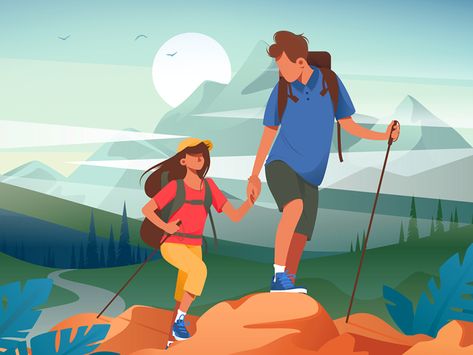 Hiking in mountains by Kit8 | Dribbble | Dribbble River Background, Mountain Illustration, Friends Characters, Mountain Designs, Digital Art Illustration, Flat Illustration, Illustration Character Design, Young Woman, Character Illustration