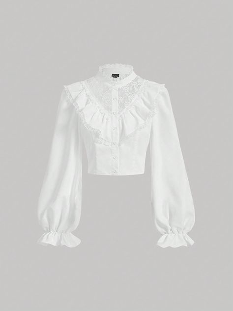 Blouse With Ruffle Sleeves, White Shirt Puffy Sleeves, Cute White Blouse, White Frilly Top, White Blouses For Women Classy, Ruffle Outfits Women, White Collar Blouse, White Flowy Shirt, Puffy Blouse