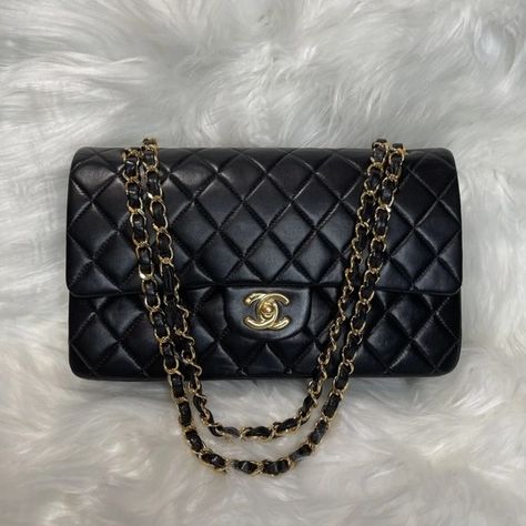 Chanel Medium Classic Double Flap Bag Quilted Lambskin Chanel Classic Flap Lambskin, Vintage Chanel Bag, Chanel Black, Vintage Chanel, Classic Flap, Medium Bags, Chanel Handbags, Flap Bag, Black Media