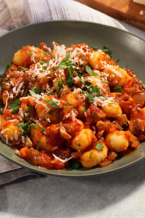 Gnocchi with Hearty Mushroom Bolognese Recipe | Bertolli Mushroom Bolognese Sauce, Italian Appetizer Recipes, Gnocchi Mushroom, Gnocchi Bolognese, Mushroom Bolognese, Garlic Pasta Sauce, Italian Appetizer, Italian Pasta Sauce, Chopped Veggies