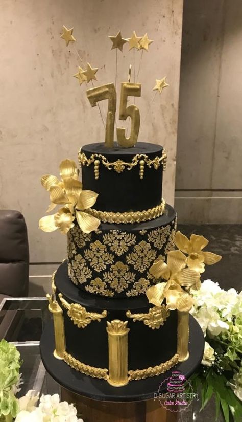 Gold And Black Cake Ideas, Black And Gold Quince Cake, Quinceanera Cakes Black And Gold, Black And Gold Cake Ideas, 75th Birthday Cake, Black And Gold Square Cake, Black Cake With Gold Flakes, Black And Gold Masquerade Cake, Debut Cake Black And Gold