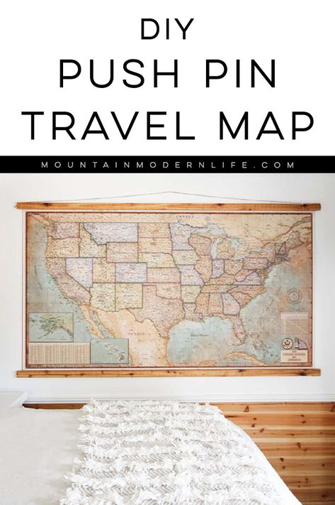 Whether you love to travel, plan to, or simply dream of doing it someday, this DIY push pin travel map is the perfect way to document your adventures! MountainModernLife.com #wanderlust #map #vintagemap #pushpinmap #rvlife #rvrenovation via @MtnModernLife Travel Map Pin Boards, Diy Travel Map Pin Board, Travel Board Diy, Push Pin Travel Map Ideas, Push Pin Map Diy, Travel Map Ideas, Travel Map Diy Pin Boards, Push Pin Travel Map Usa, Map On Wall