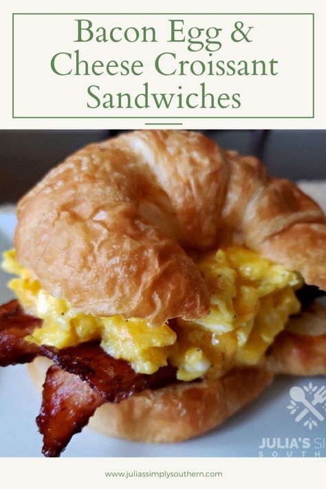 Croissant Breakfast Sandwich Bacon, Bacon Croissant Sandwich, Bacon And Egg Croissant, Breakfast Croissant Sandwich Ideas, Breakfast Croissants Recipes, Bacon Egg Cheese Croissant, Croissant Egg Sandwich, Breakfast With Croissants, Breakfast Croissant Ideas