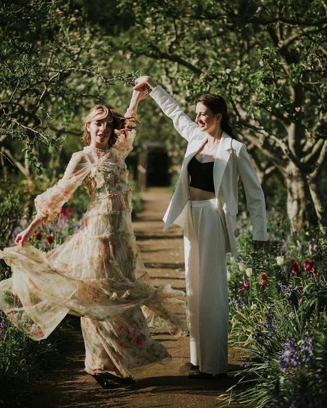 A dreamy Victorian inspired wedding, with some *beautiful* wedding outfit options. ❤️🌈 Photography @photographyfarm (@devlinphotos & @clairefleck) Venue @cambocountryestate Planning/Styling/Florals/Stationery @wearegloam Hair @pinuphairglasgow Butterfly Dress @halfpennylondon Floral Dress @needleandthreadlondon Jumpsuit @ghostfashion Tomboy Wedding Outfit, Victorian Inspired Wedding, Nonbinary Wedding, Romantic Wedding Style, Queer Weddings, Fife Scotland, Modern Wedding Inspiration, Wedding Jumpsuit, Lgbtq Wedding