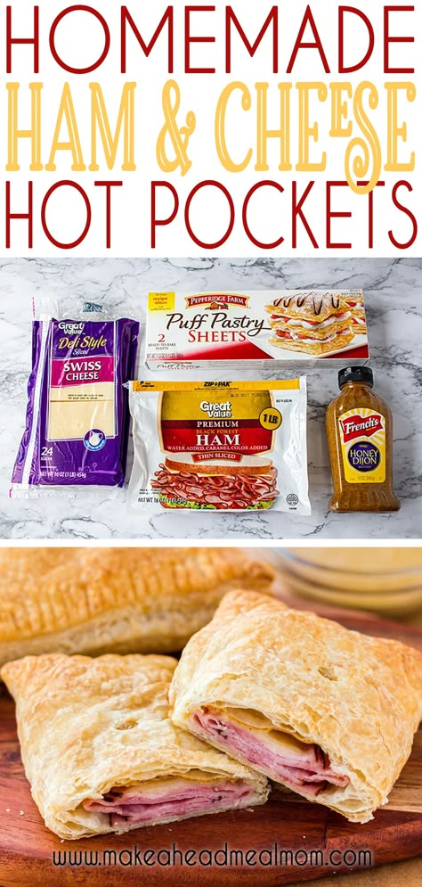 Make your own homemade freezer-friendly Ham & Cheese Hot Pockets at home for cheap!!! They are perfect to keep in the freezer for easy dinners, school lunches or after-school snacks! They take only minutes to make and taste delicious! #freezerfriendly #freezermeals #makeahead #hotpockets #hamcheese #makeaheadmealmom Copycat Hot Pockets, Savoury Pastries, Hot Pocket Recipes, Freezer Lunches, Homemade Hot Pockets, Pockets Recipe, Easy Dough, Meals For Kids, Best Freezer Meals