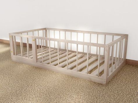 How To Make A Montessori Floor Bed, Twin Montessori Bed Plans, Diy Montessori Floor Bed With Rails, Montessori Bed Diy Plans, Diy Toddler Bed On Floor, Toddler Floor Bed Diy, Diy Montessori Floor Bed, Floor Bed Plans, Diy Toddler Floor Bed