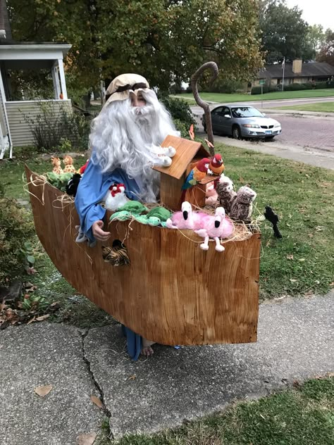 This Noah’s Ark costume was a huge hit at our local church Trunk or Treat we went to. I made the ark out of heavy cardboard that I painted with stain and used plastic screws with backs on them to hold it together. I did use a few zip ties to hold the top together ... Read more The post Cool DIY Noah and his Ark Costume appeared first on Coolest Homemade Costumes. Noahs Ark Costume, Noah Costume, Modest Halloween Costumes, Church Trunk, Illusion Costumes, Biblical Costumes, Box Costumes, Homemade Costume, Noah S Ark