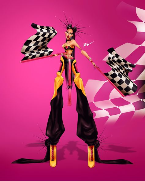 Pink, yellow and black racing inspired outfit. With racing flags in each hand. Drag Race Season 15 Promo, Race Queen Outfit, Drag Illustration, Checker Nails, Drag Race Season 15, Race Night, Invisible Monsters, Drag Art, Drag Outfits