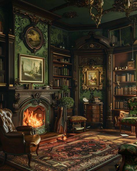 Stepping back in time with the opulence of dark green Victorian interiors. Every corner tells a tale of grandeur and sophistication. 🌿✨ . . . . . #plumnearlyprints #VictorianElegance #DarkGreenDecor #TimelessDesign #OrnateInteriors #VintageCharm #HistoricHome #InteriorInspiration #darkacademia #darkacademiavibes #darkacademiaaesthetic #darkacademiaart #darkaesthetic #moodyvibes #greenacademia #cozyacademia #sherlockholmes #cottagecore #cottagedecor #cottageliving #cottagehome #cozyhomes... Victorian Cozy House, Victorian Witch House Interior, Dark Victorian Homes Interior, Dark Green Victorian Bedroom, Dark Victorian Interior, Small Victorian Homes Interior, Old English House Interior, Victorian Interior Design 19th Century, Green Victorian Bedroom