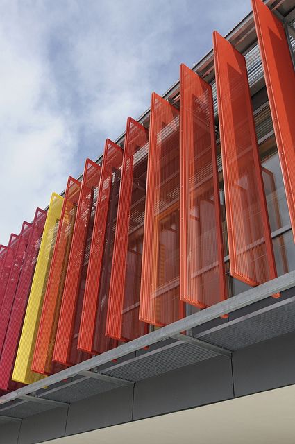 Grundschule, Germany by Colt Group, via Flickr Shading Device, Building Skin, Metal Facade, Colour Architecture, Solar Shades, Metal Screen, Building Facade, Industrial House, Facade Architecture