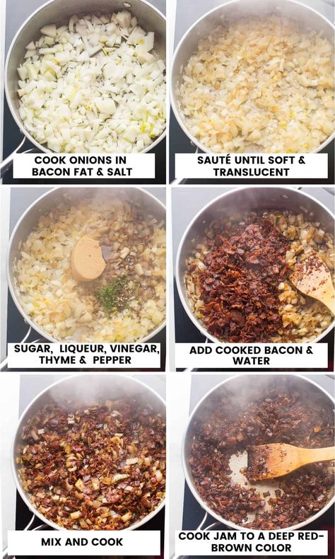 Sweet, salty and savory - this Bacon Jam hits all of the right spots! It's made from crispy bacon pieces stirred into sautéed onion. While many bacon jam recipes used coffee to enhance the overall taste, this recipe uses coffee liqueur to add additional notes of vanilla and caramel which makes more a more intense flavor. All of these ingredients come together in happy harmony to make this mouthwatering and satisfying sticky bacon relish! Enjoy on crackers, sandwiches, burgers and more! Bacon Jam Burger Recipes, Maple Bacon Jam Recipe, Bacon Jam Recipes, Onion Bacon Jam, Bacon Onion Jam Recipe, Bacon Relish, Onion Jam Recipe, Bacon Jam Burger, Bacon Onion Jam