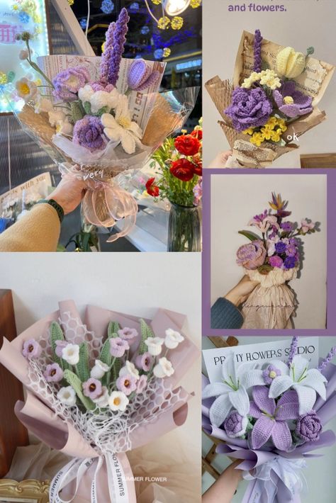 purple aesthetic Purple Crochet Bouquet, Purple Flower Bouquets, Crochet Purple Flower, Purple Flower Bouquet, Purple Crafts, Crochet Purple, Purple Bouquets, Flower Bouquet Diy, Bouquet Gift