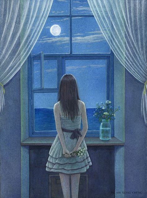 Girl Watching Moon, Watching The Moon, Talking To The Moon, Moon Painting, Girly Drawings, Illustration Girl, Girls Cartoon Art, Moon Art, Girly Art