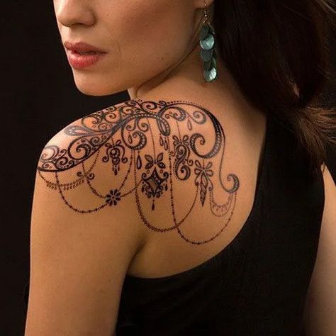 20 Most Gorgeous Chandelier Tattoo Ideas Lace Tattoo Design, Cool Shoulder Tattoos, Girls With Sleeve Tattoos, Muster Tattoos, Back Of Shoulder Tattoo, Lace Tattoo, Shoulder Tattoos For Women, Thigh Tattoos Women, Tattoo Designs For Girls