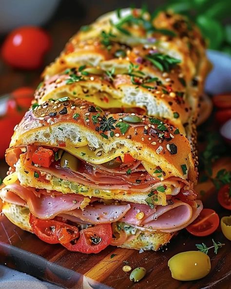 Classic Italian Muffuletta Sandwich - NorthEast Nosh Recipes Ultimate Blt Sandwich, Sandwich Melts, Muffuletta Sandwich, Baguette Sandwich, Blt Sandwich, Budget Family Meals, Italian Meats, Food Sandwiches, Food Crush