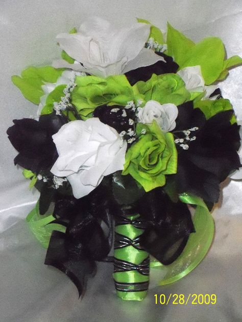 pearl white neon green and BLACK wedding ideas | Bridal Bouquet Package Lime Green Black Silk Wedding Flowers Neon Green Wedding, Silk Wedding Flowers Centerpiece, Lime Green Weddings, Biker Wedding, Simple Wedding Flowers, Cheap Wedding Flowers, Blush Wedding Flowers, Silk Flower Bouquets, Spring Wedding Flowers