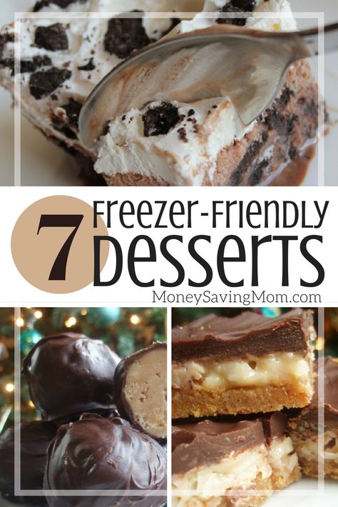 Looking for some fun dessert recipes that you can make ahead of time and freeze for later? These are 7 of my favorite freezer-friendly dessert recipes… 1. Whole-Wheat Chocolate Chip Oatmeal Cookies — This a staple dessert recipe in our family. … Freezer Desserts Recipes, Fun Dessert Recipes, Freezer Desserts, Freezable Meals, Fun Dessert, Healthy Freezer Meals, Freezer Meal Prep, Make Ahead Desserts, Money Saving Mom